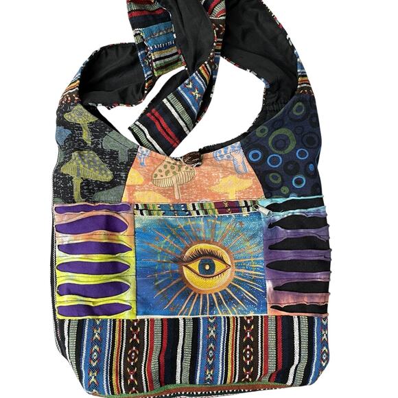 Rising International Shoulder Bag Multicolor Graphic Eye Hippie Mixed Print Boho - Picture 1 of 7